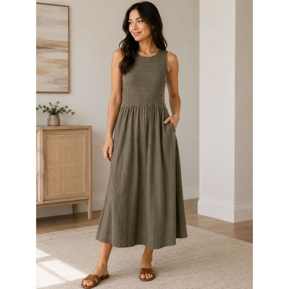 Blu Dahlia Olive Green Smocked Midi Dress Women's XL Sleeveless Pockets Boho